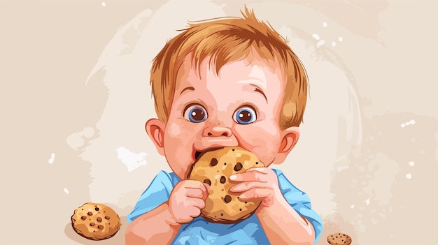 Vector charming baby eating cookie in handdrawn style