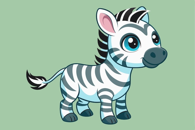 Vector a charming baby zebra with bright blue eyes joyfully stands against a soft green background showcasing its playful and adorable expression