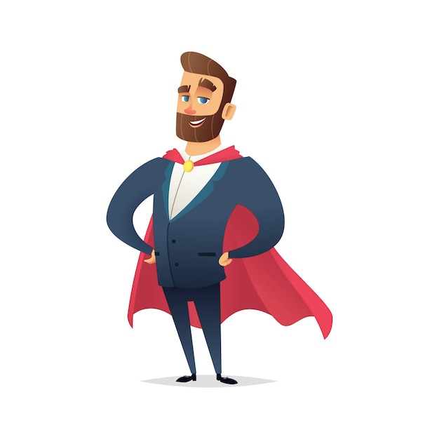 Charming bearded businessman wearing superhero cloak Manager is hero Modern flat character design