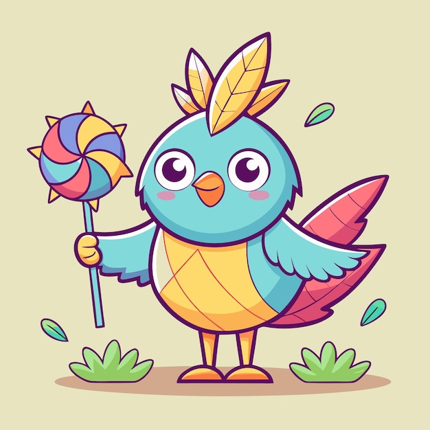 Vector charming bird holding pinwheel cartoon vector illustration