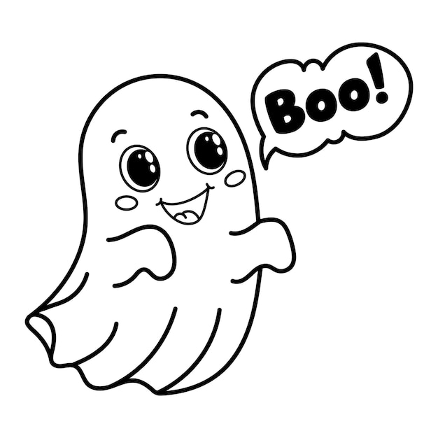 Vector charming black and white vector illustration of a halloween ghost perfect for kids colouring books