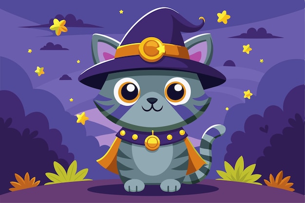 Vector a charming cartoon cat wears a witch hat surrounded by stars and playful clouds in a vibrant night setting evoking a sense of magic and fun