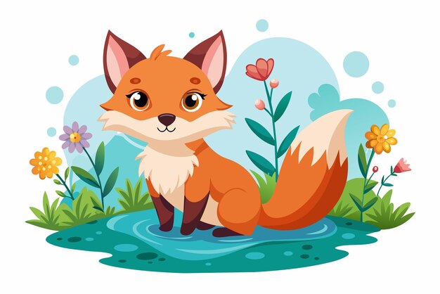 Vector charming cartoon fox with flowers on a white background