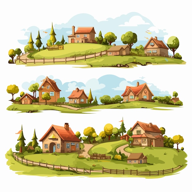 Vector charming cartoon houses in countryside vector illustration