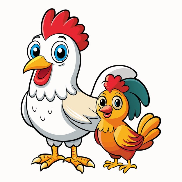 Vector charming cartoon icon featuring an adorable chicken rooster and hen