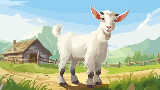 Charming Cartoon Illustration of a White Goat at the Farm