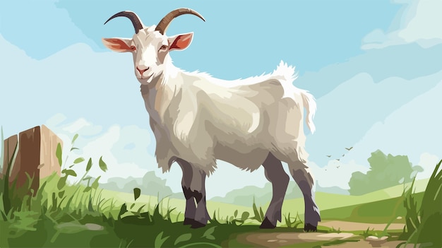 Charming Cartoon Illustration of a White Goat at the Farm