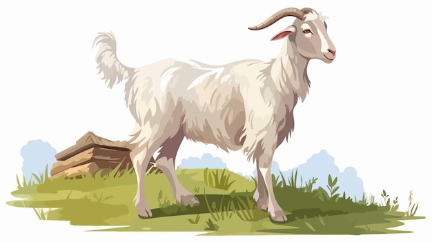 Charming Cartoon Illustration of a White Goat at the Farm