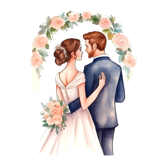 A charming couple at the altar watercolor ilustration