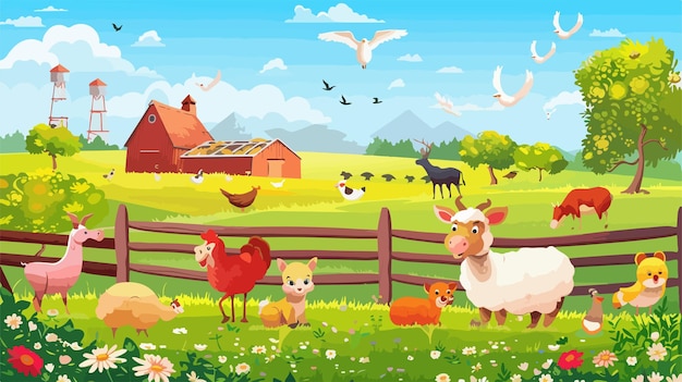 Charming Farm Background with Animals in Vector Cartoon Style