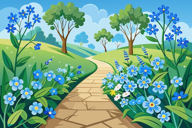 Charming forgetmenots sprinkled along a path Illustration