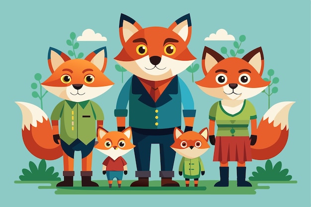 Vector a charming fox family poses together showcasing their vibrant fur and playful outfits fox family customizable disproportionate illustration