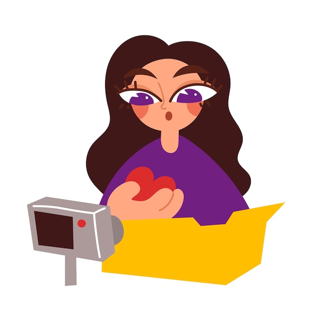 A charming girl opens a package with things to the camera Blogging concept Content social networks camera unboxing Cartoon flat vector illustration