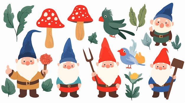 Vector charming hand drawn cartoon gnomes vector set