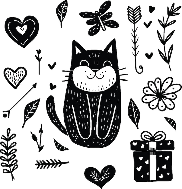 Vector charming hand drawn cat illustrations charcoal doodles with gift boxes leaves flowers hearts and arrows perfect for valentine39s day birthday wedding greeting cards and scrapbooking projects