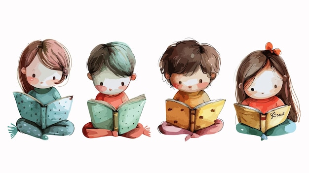 Charming Handdrawn Vector of Cute Kids Reading Books