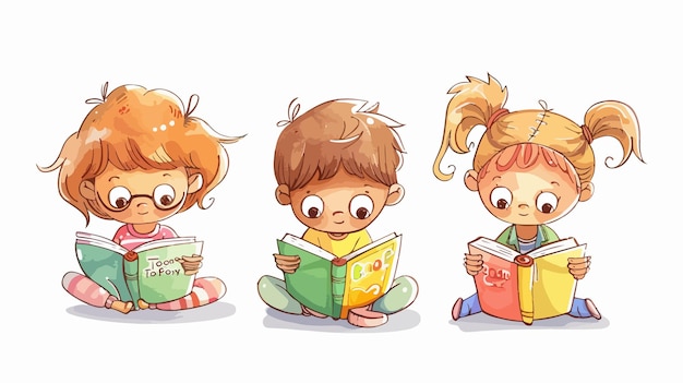 Charming Handdrawn Vector of Cute Kids Reading Books