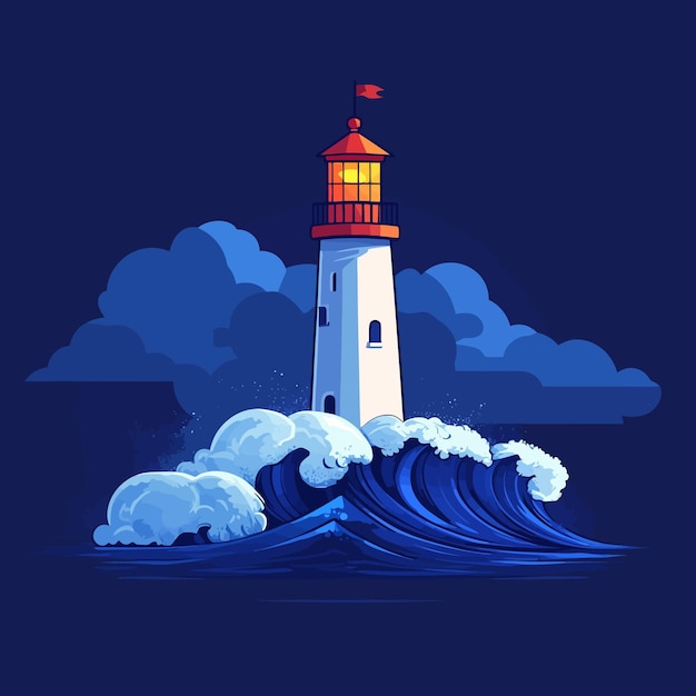 Vector charming lighthouse surrounded by playful waves vector illustration vector illustration