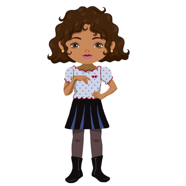 Charming Little African American Schoolgirl Posing in Uniform with Accessories