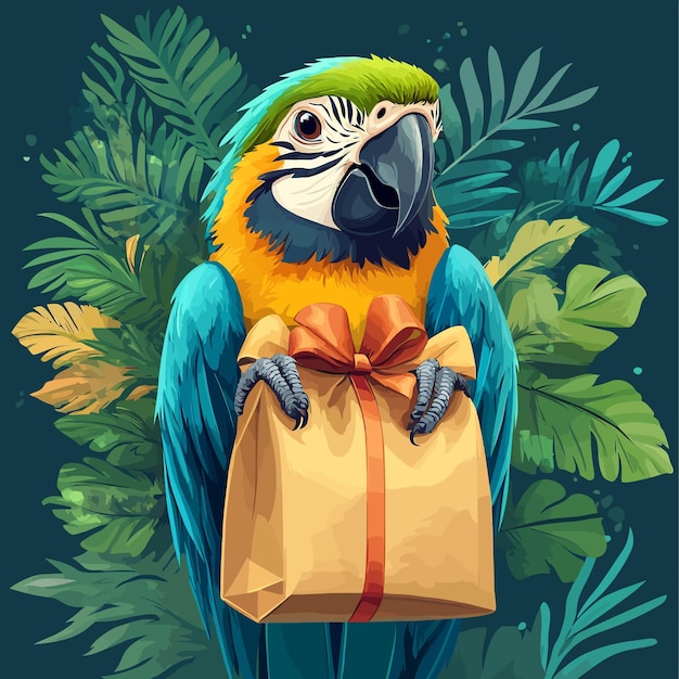 Vector charming macaw with gift bag vector illustration vector illustration