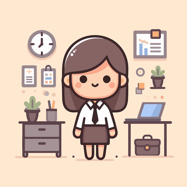 Charming Minimal Vector Illustration of a Kawaii Girl in Office