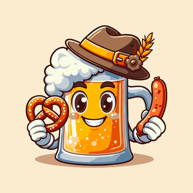 Charming Oktoberfest Beer Mug Cartoon with Pretzel and Sausage