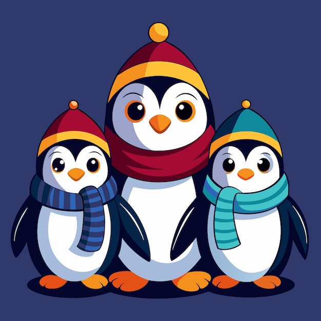 Charming Penguin Family in Winter Hats Vector Art Festive Holiday Scene