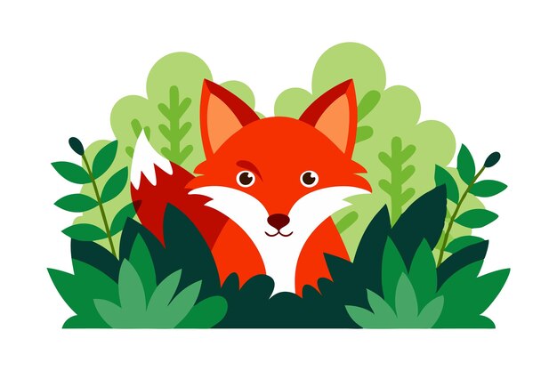 Vector charming red fox peeking through lush green foliage