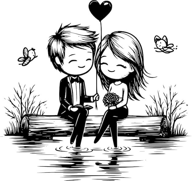 Vector charming sitting lovers and scenic flowerthemed cartoons for romantic and natureinspired designs