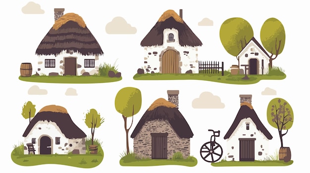 Vector charming stone cottages with thatched roofs and vintage facade