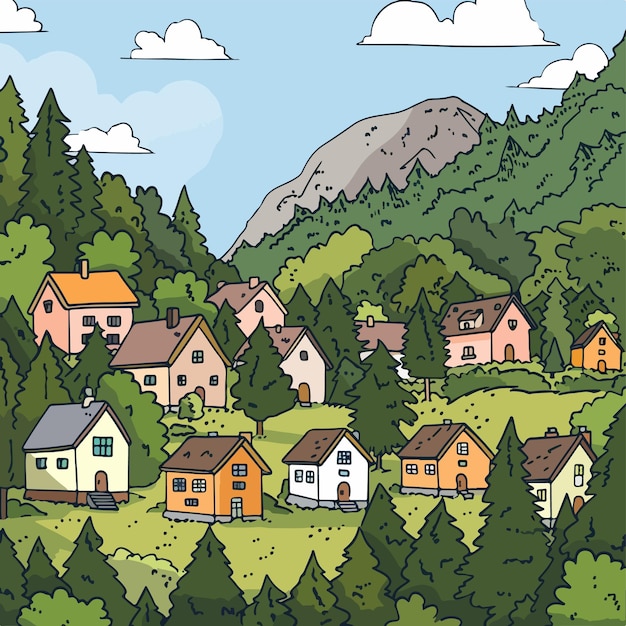 Vector charming village in the mountains