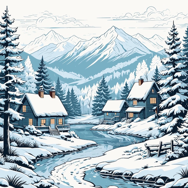 Vector charming winter cabins beside a flowing river and snowy mountains