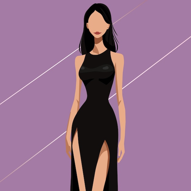 Vector charming young woman in an elegant black dress with a slit on the leg