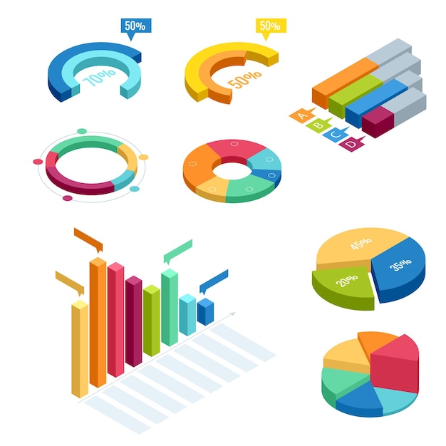 Chart and graphic isometric, business diagram data finance, graph report, information data statistic, infographic analysis tools illustration