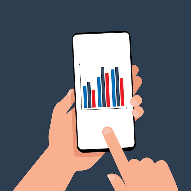 Chart on the smartphone screen in the hands in flat style. Analytics. Statistics. Finance. Marketing. EPS 10