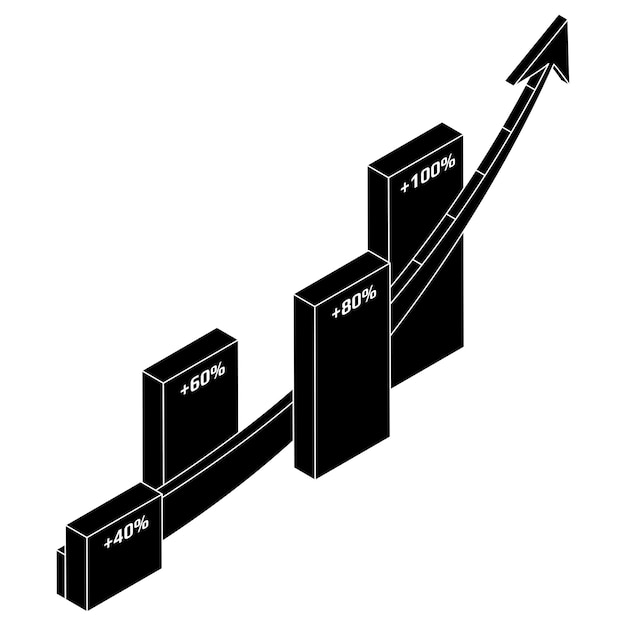 Chart and upward arrow isometric silhouette isolated on white background Design element