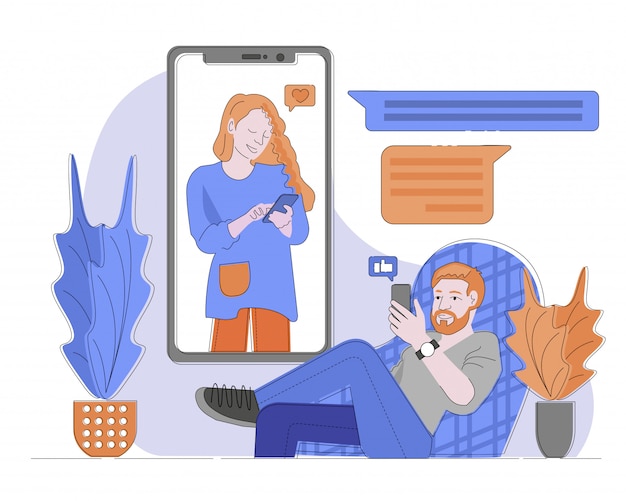 Chat application on smartphone illustration,man sitting in chair and woman at smartphone screen, man giving finger up on cellphone for woman. Woman is giving like for man.