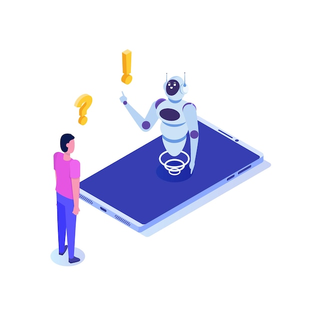 Chat bot, artificial intelligence isometric. Business AI and  IOT concept. 