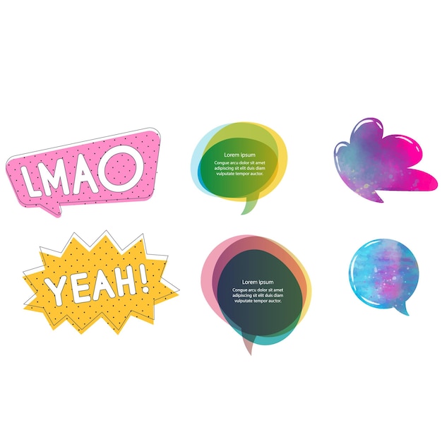 Vector chat bubble talk phrases clouds with different words speech bubbles with text wow omg and yes ta