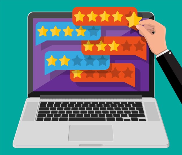 Chat clouds with golden stars on laptop screen. Reviews five stars. Testimonials, rating, feedback, survey, quality and review.