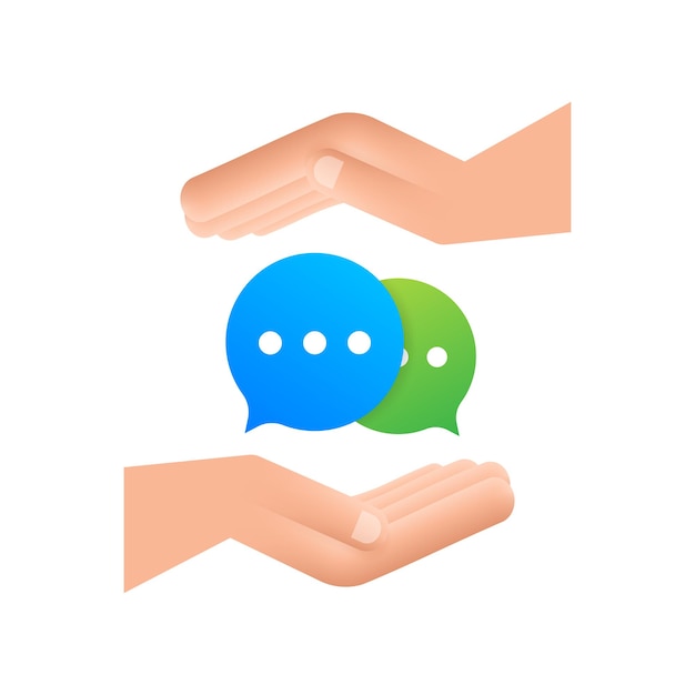 Vector chat message bubbles icon hanging over hands on white background. vector stock illustration.