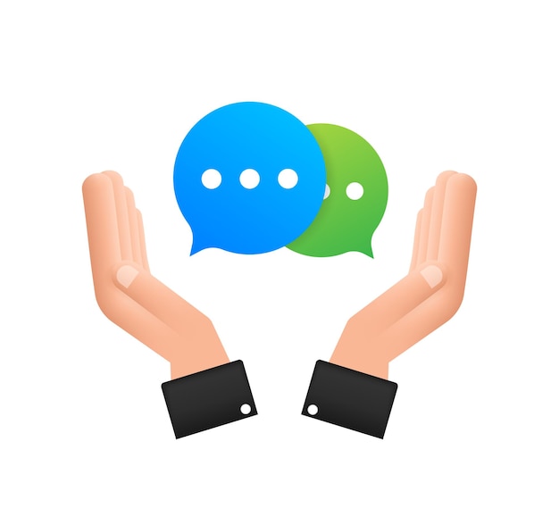 Chat Message Bubbles icon hanging over hands on white background. Vector stock illustration.