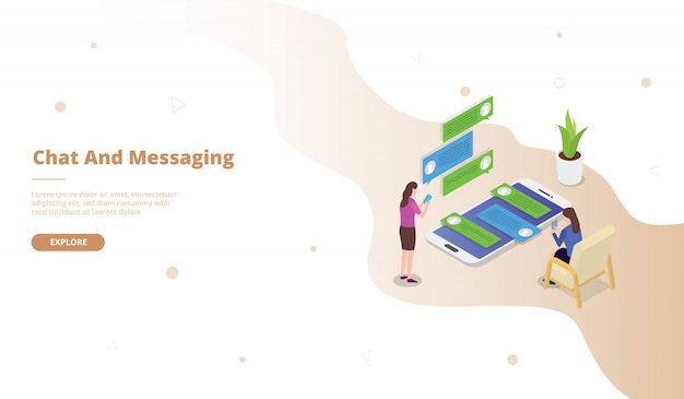 Chat and messaging campaign for web website template page landing home homepage with isometric isometry 3d flat style