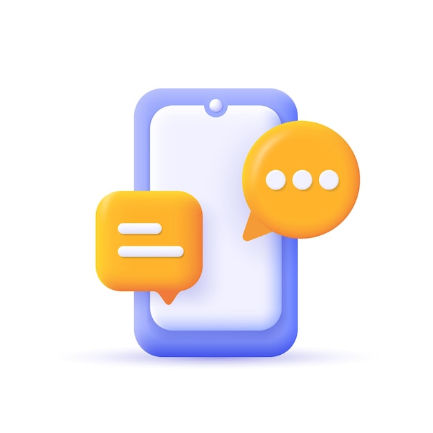 Chat orange speech bubble on mobile phone screen Realistic 3d design In plastic cartoon style