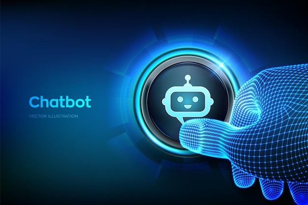 Chatbot assistant application AI concept Closeup finger about to press a button with robot chatbot head icon Just push the button Vector illustration