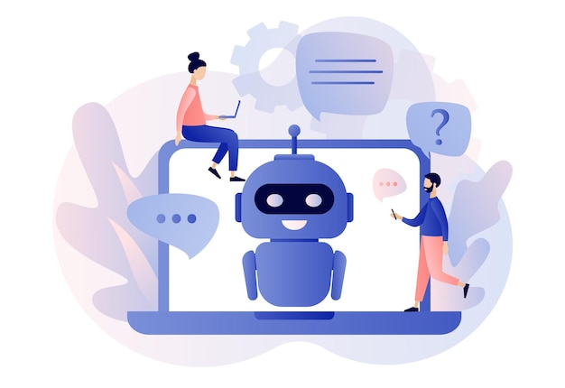 Chatbot concept AI robot assistant online customer support Tiny people chatting with chatbot