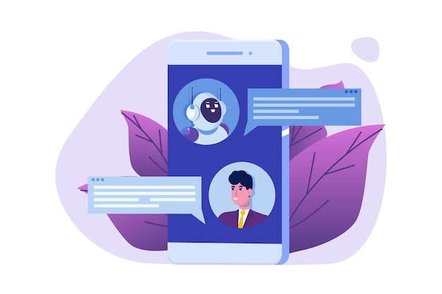 Chatbot concept. Man talking to robot. Customer support service android,  artificial intelligence dialog .