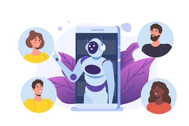 Vector chatbot concept. man talking to robot. customer support service android,  artificial intelligence dialog .