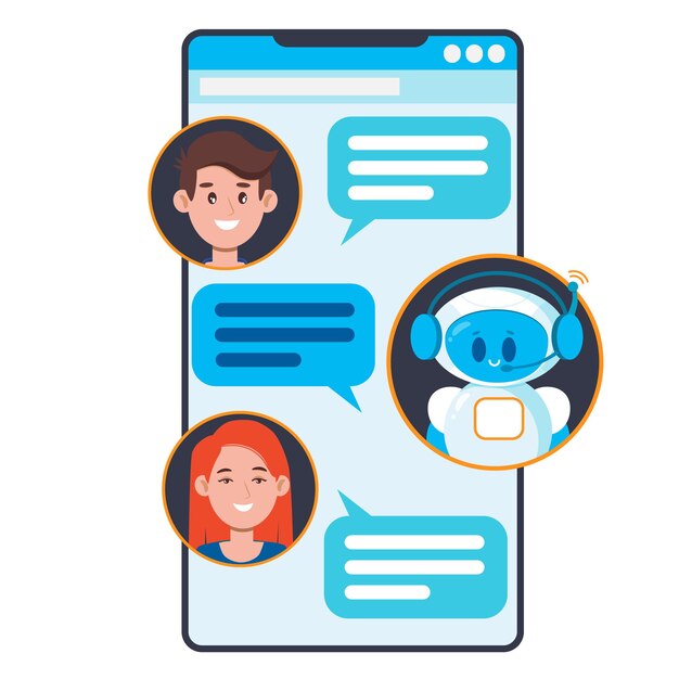 Chatbot concept. Users chatting with cute robot chat bot on smartphone. Flat illustration