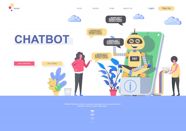 Chatbot flat landing page template. Developers programming online chatbot situation. Web page with people characters. Artificial intelligence, virtual assistant customer support illustration